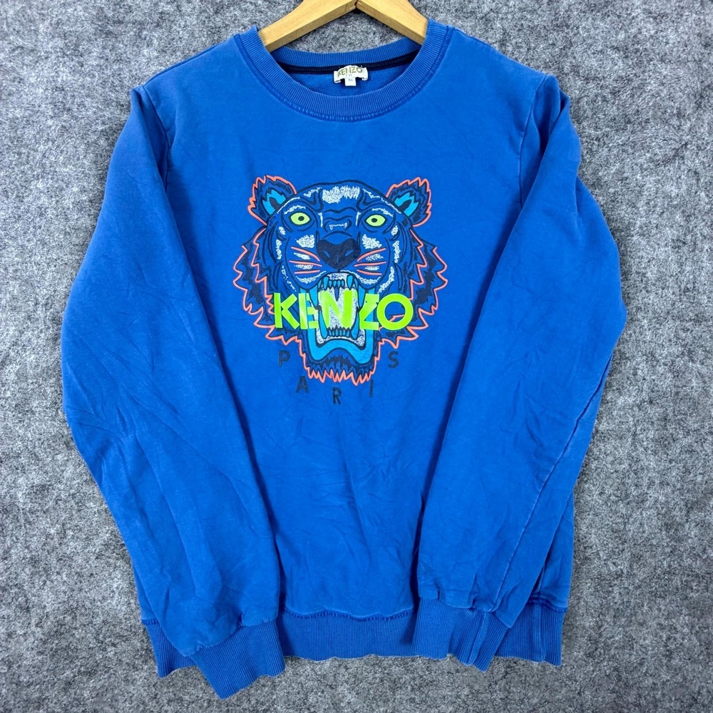 Kenzo Sweatshirt Boys 16A Blue‎ Neon Tiger Graphic Fleece Lined Crew Neck